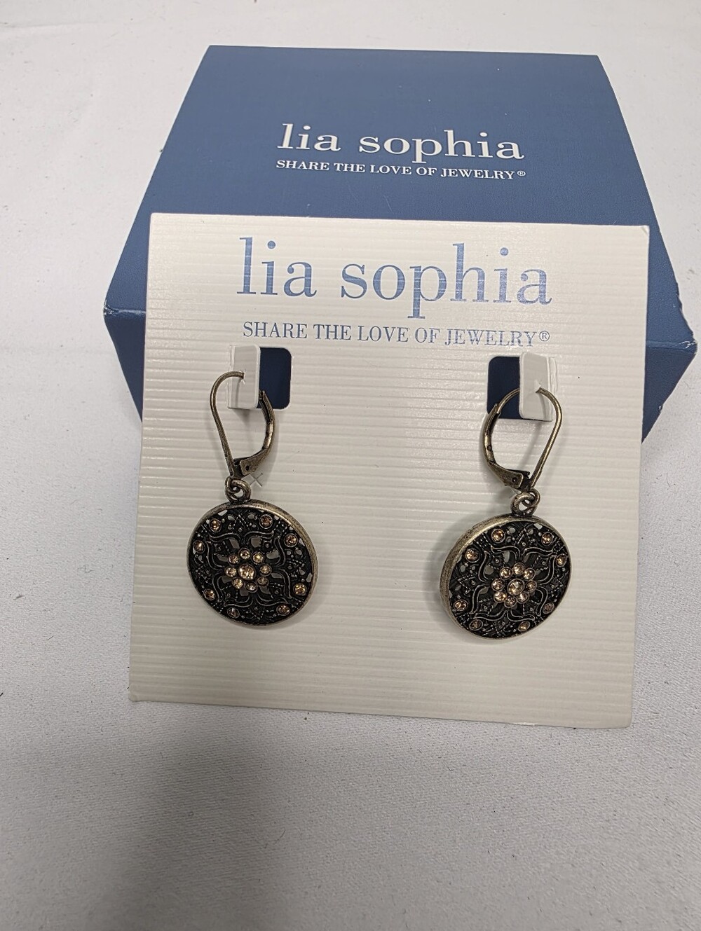 NWT Lia Sophia Vintage Bronze Filigree Crystal Leverback Earrings